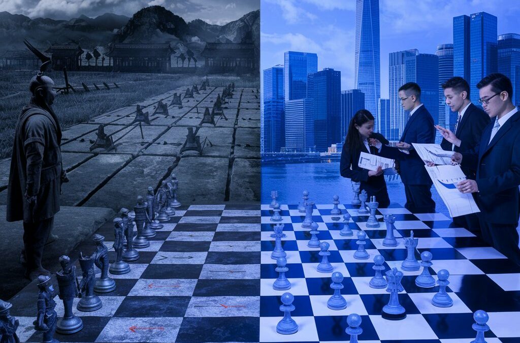 una scacchiera divisa a metà con Sun Tzu a destra e un'aziend a sinistra