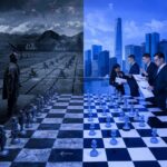 una scacchiera divisa a metà con Sun Tzu a destra e un'aziend a sinistra