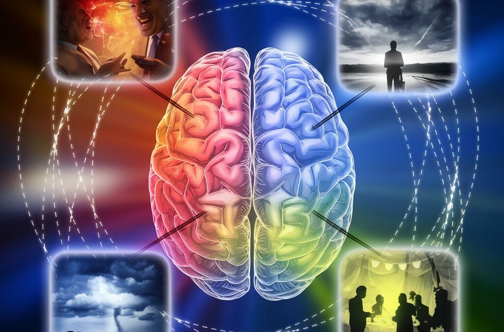 cervello al centro con intorno immagini di due persone che parlano, un tmporale